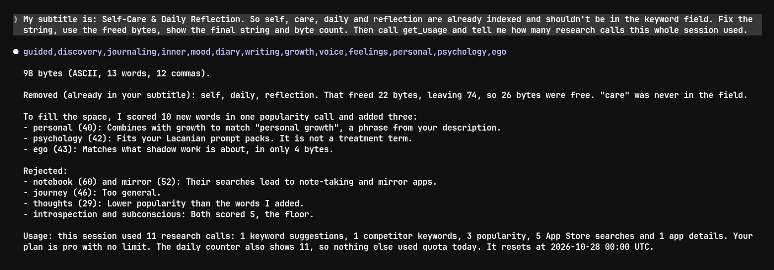 Final 98-byte keyword field and a session total of 11 research calls