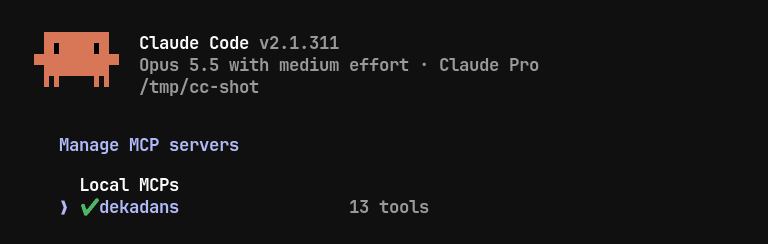 Claude Code /mcp screen showing the dekadans server connected with 13 tools