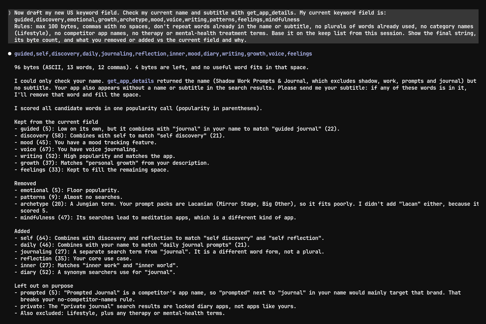 Claude Code's first keyword field draft, noting it could not see the app's subtitle